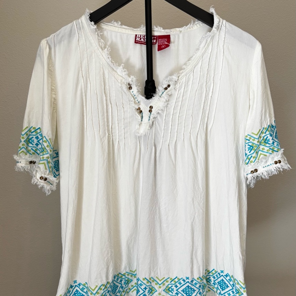 NWOT Red Ranch White Blouse with Blue & Green Details